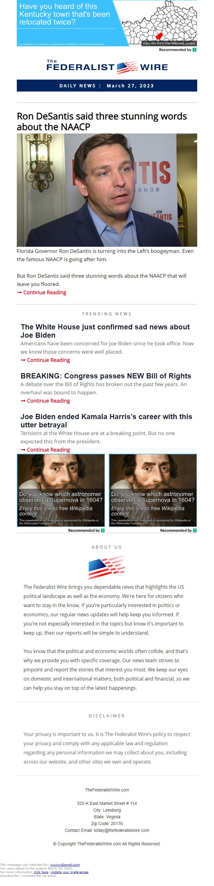 Screenshot of the email generated on import