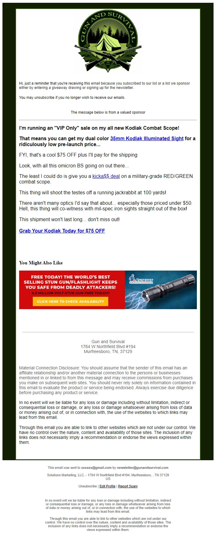 Screenshot of the email generated on import