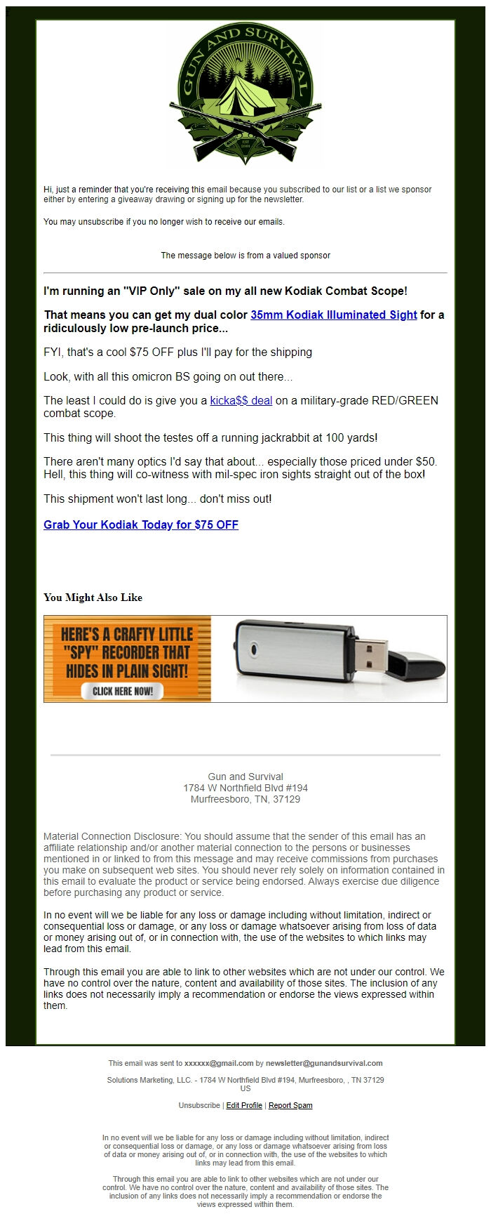 Screenshot of the email generated on import