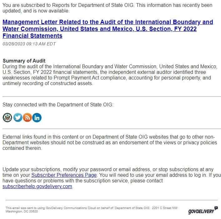 Screenshot of the email generated on import