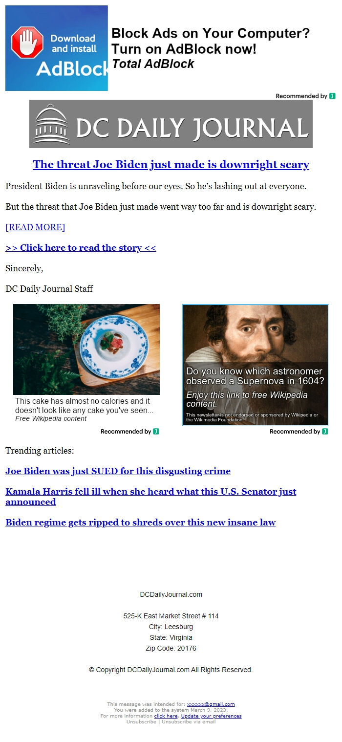 Screenshot of the email generated on import